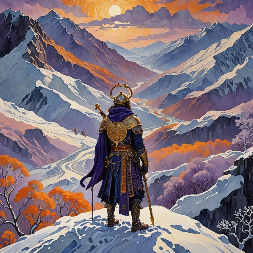 Mystical Winter Warrior in Klimt-Inspired Fantasy Art