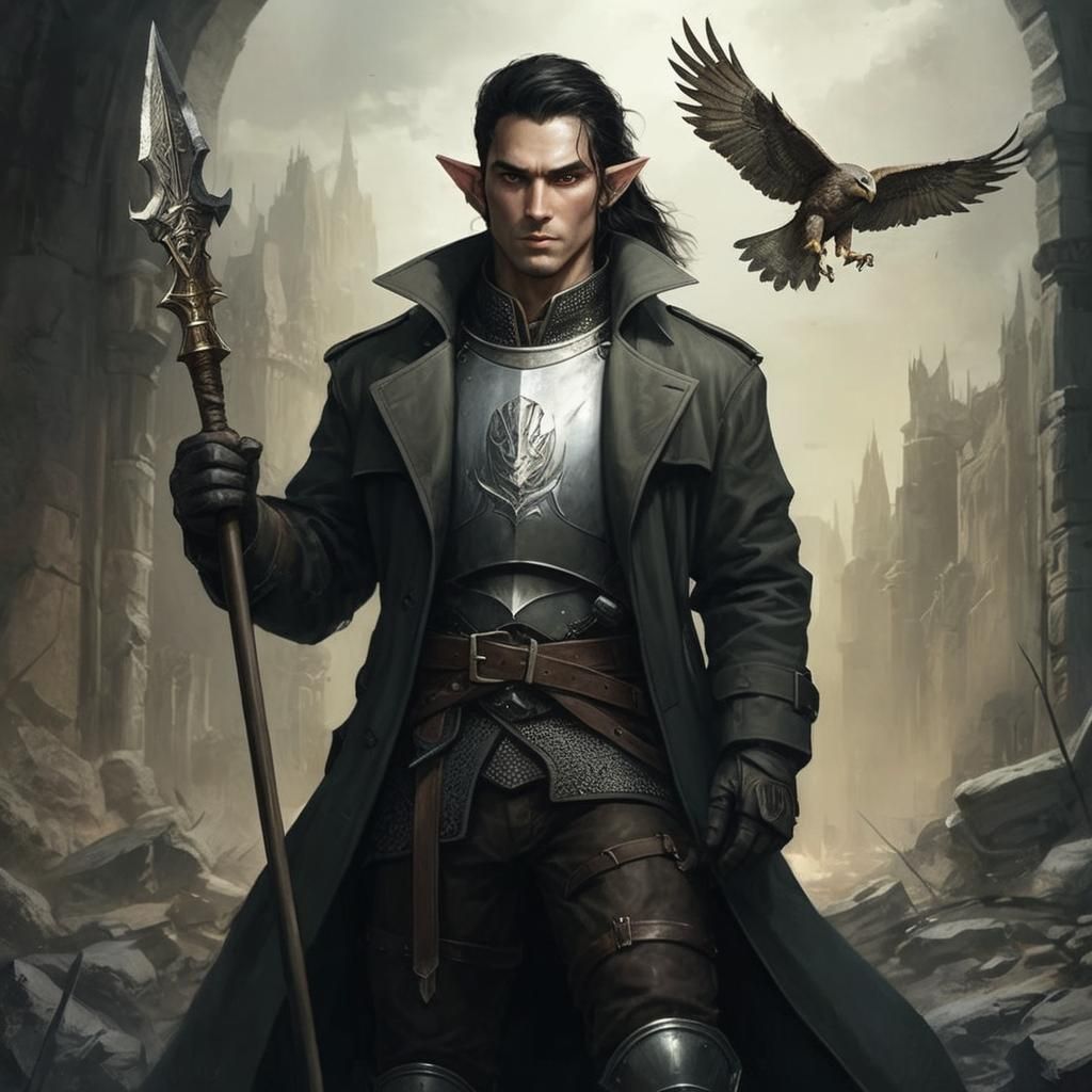 Half-Elf Paladin with Falcon Spear, Digital Art
