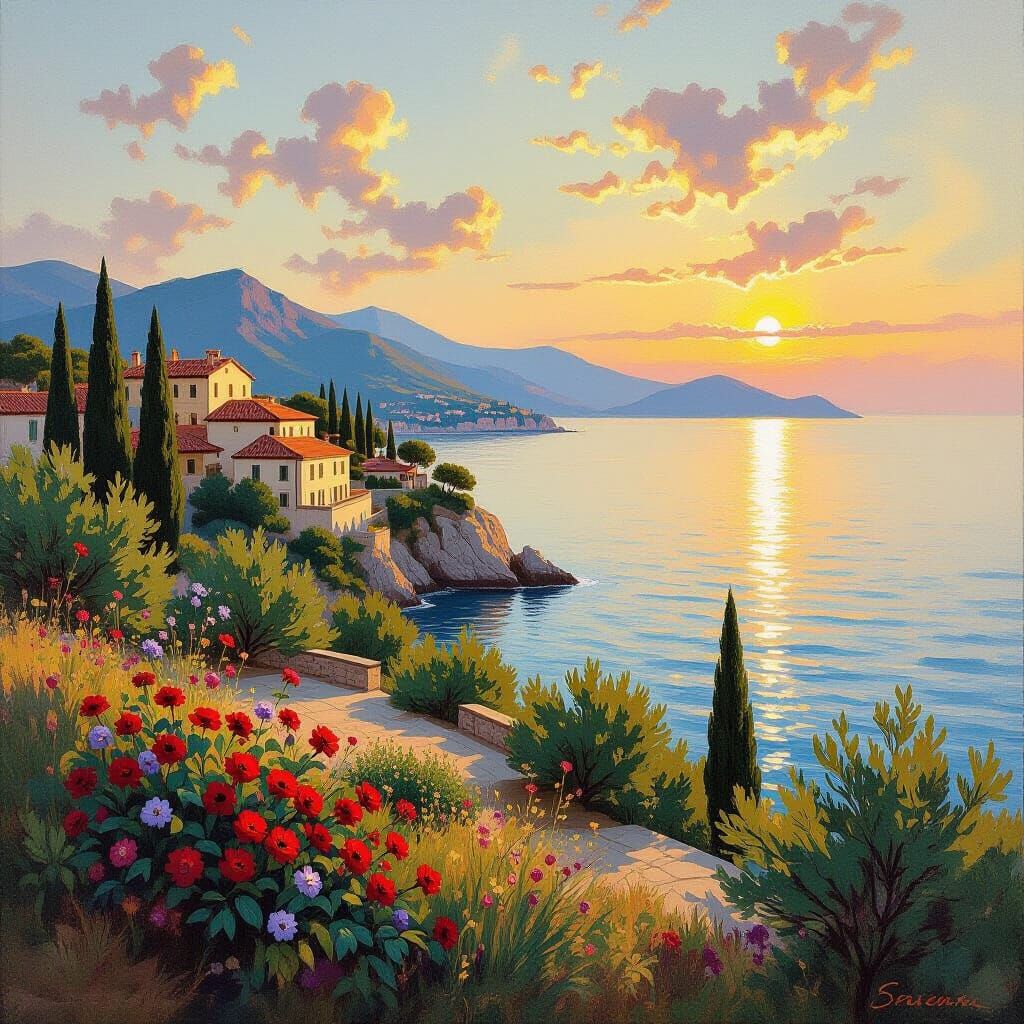 Vibrant Italian Coastline Painting in Realistic Style