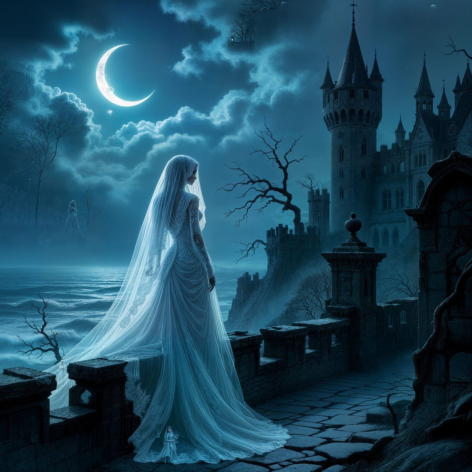 Ghost Bride on Gothic Castle Battlements