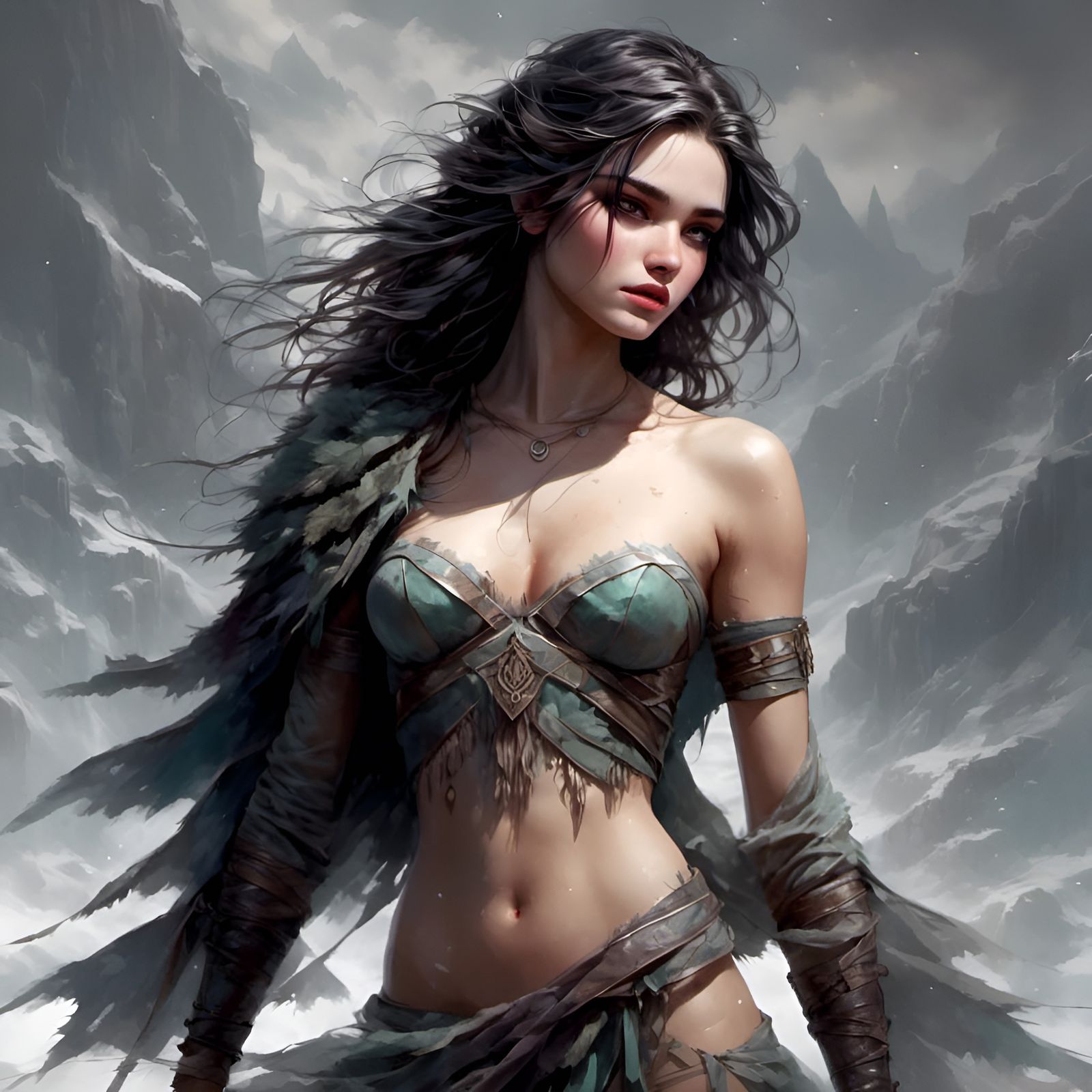 Fantasycore Woman in Snowy Christmas Digital Watercolor