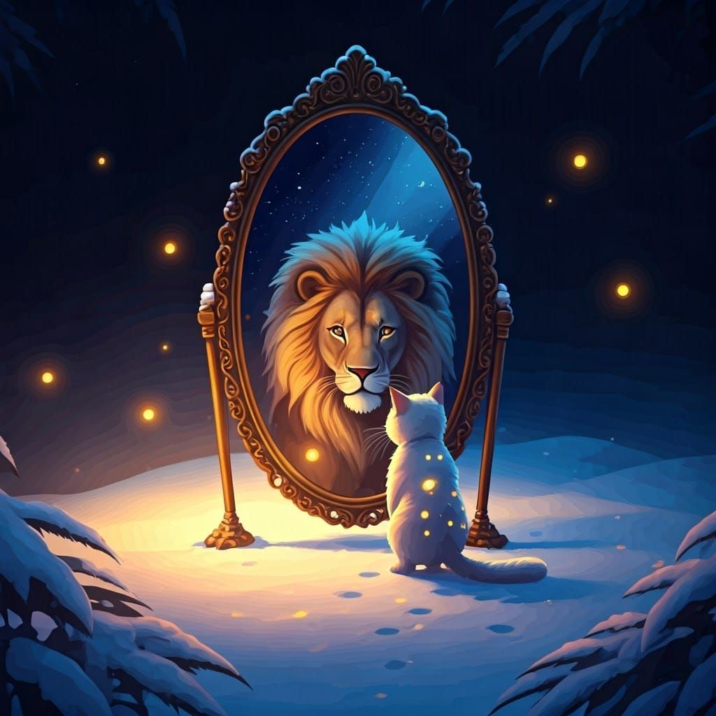 White Cat Lion Reflection in Anime Style