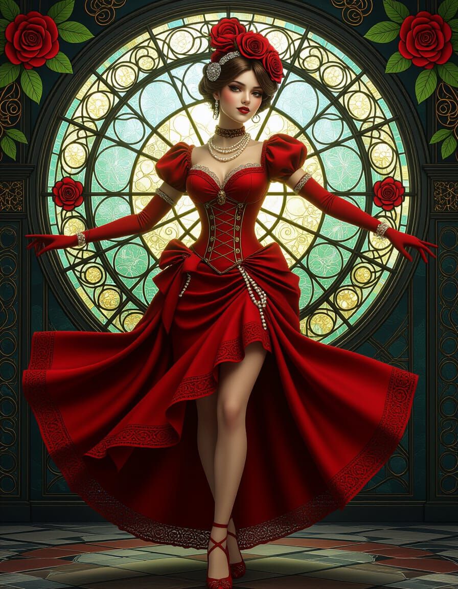 Steampunk Dancer in Red Dress with Roses and Pearls