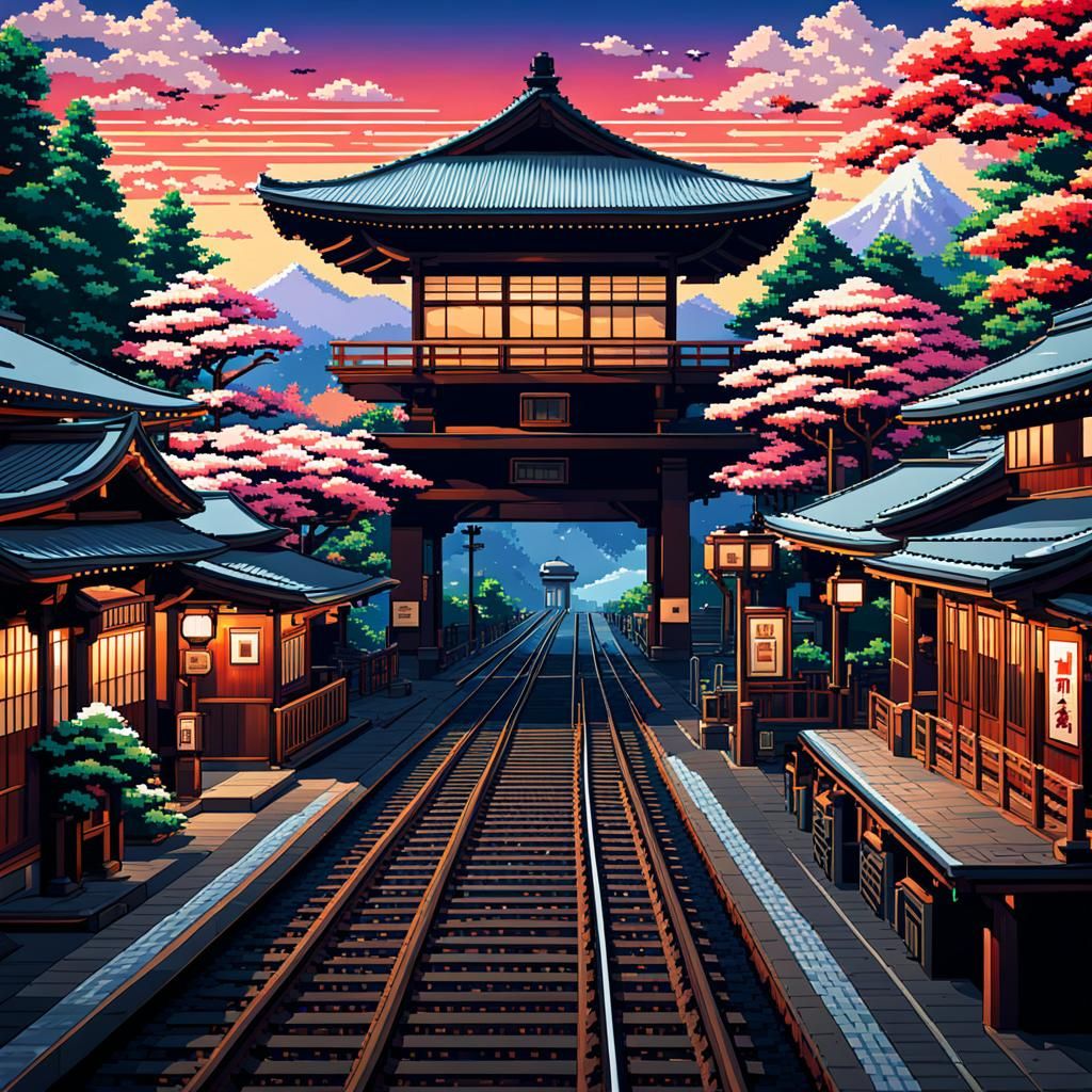 Colorful Pixel Art of Japanese Train Station