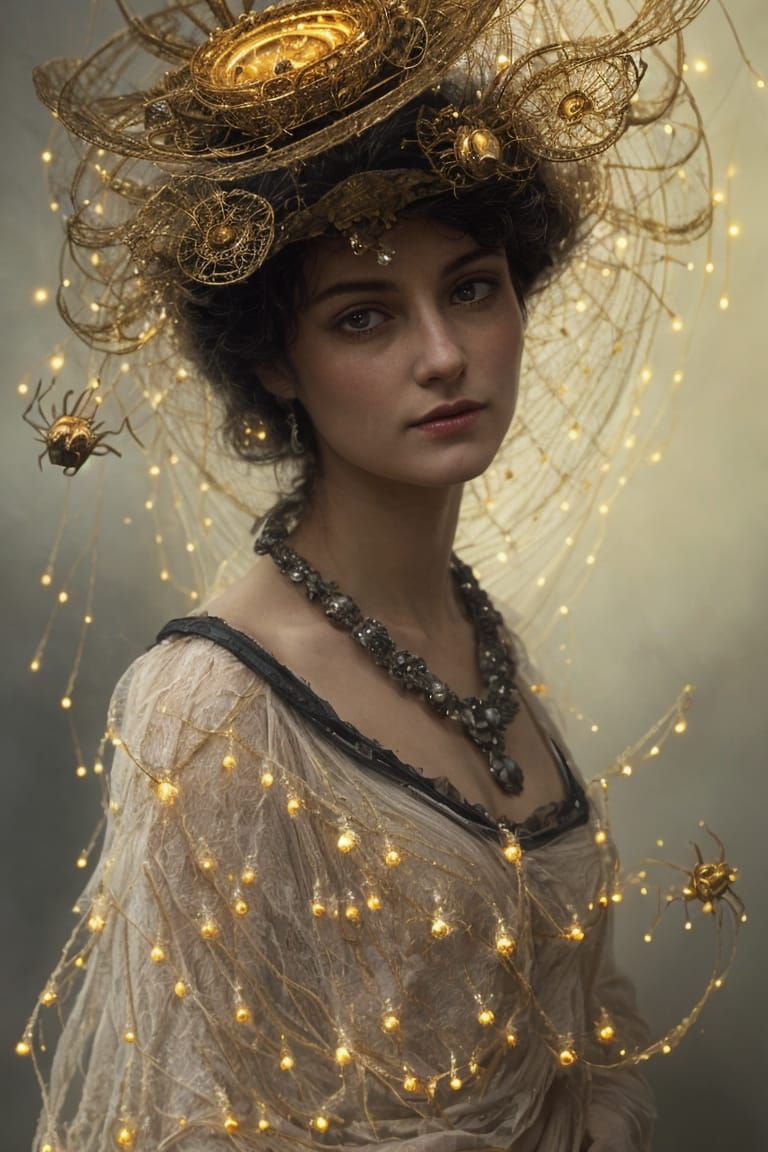 Victorian Lady with Golden Spiders in Dystopian Setting