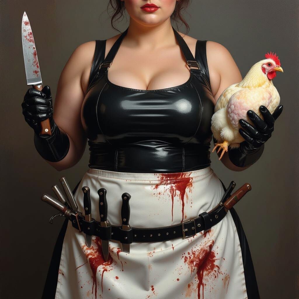 Curvy Butcher in Latex Top Holds Knife and Chicken