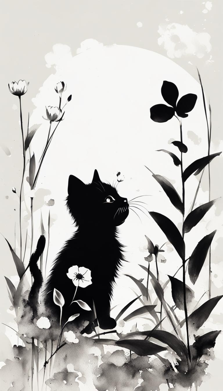 Minimalist Chinese Ink Painting of Kitten with Flowers
