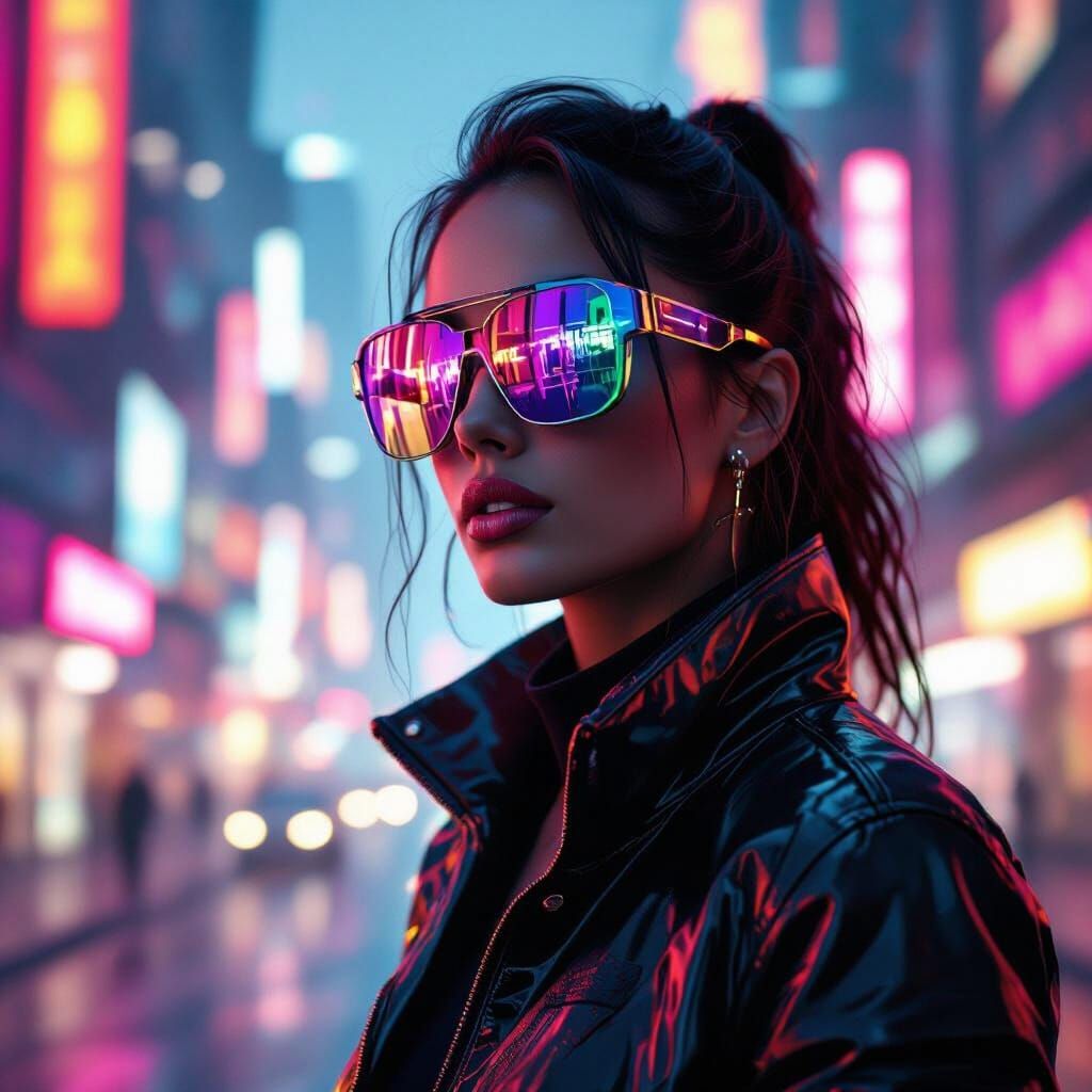 Trendy Person in Reflective Sunglasses in Neon Cityscape