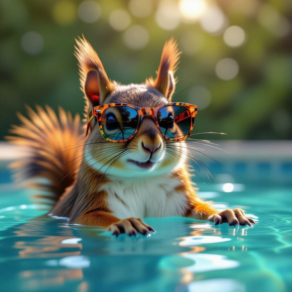 Squirrel Lounging in Pool with Sunglasses, Alcohol Ink Style