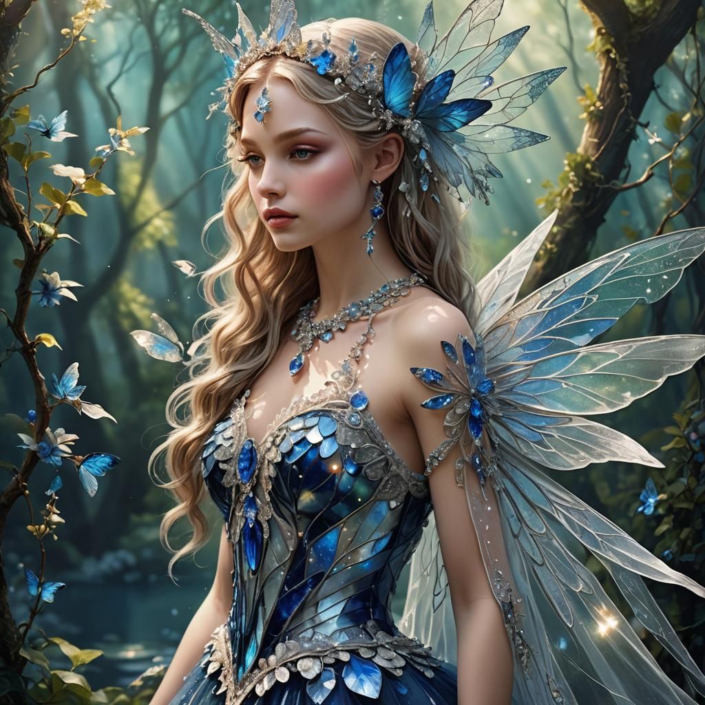 Enchanted Fairy with Sapphire Wings in Fantasy Garden