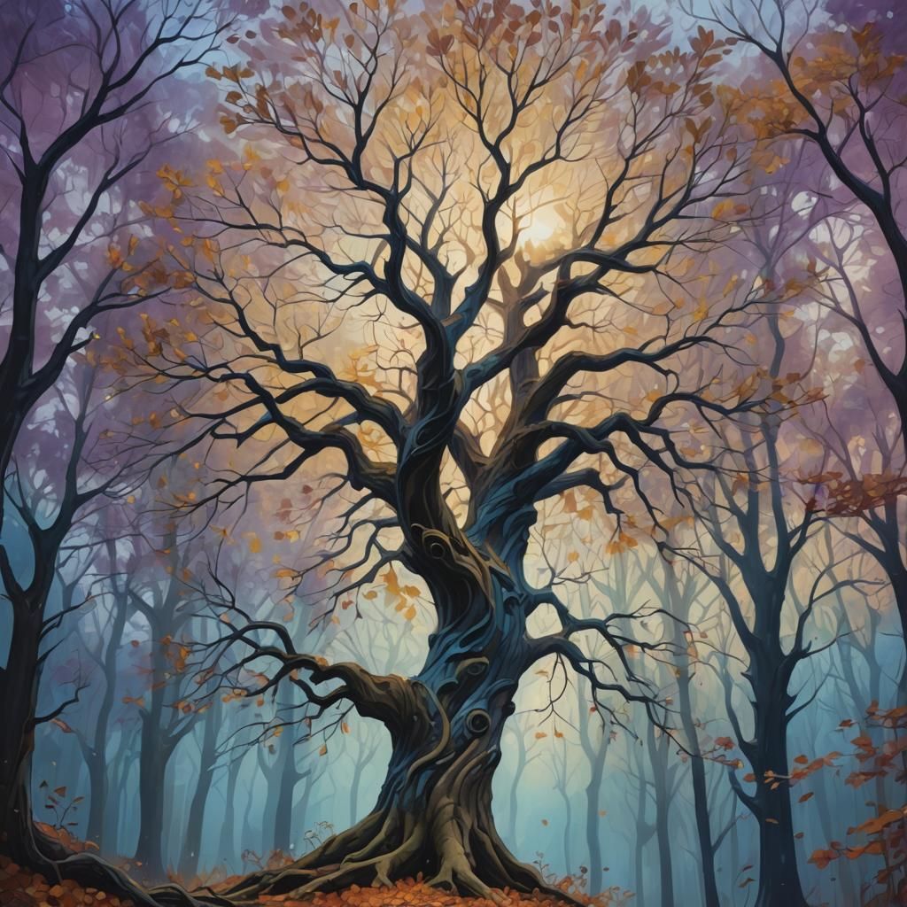 Mystical Forest: Lone Tree in Autumnal Concept Art