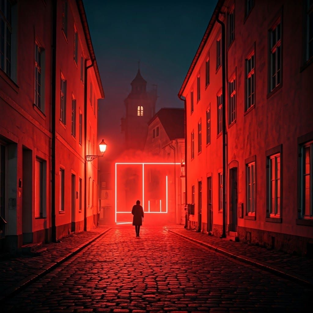 Surreal Nighttime Village Scene in Cyberpunk Style