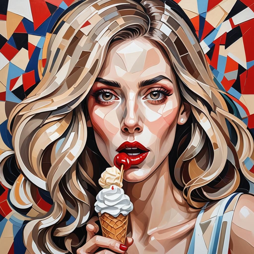 Woman Licking Ice Cream in Cubist Geometric Style