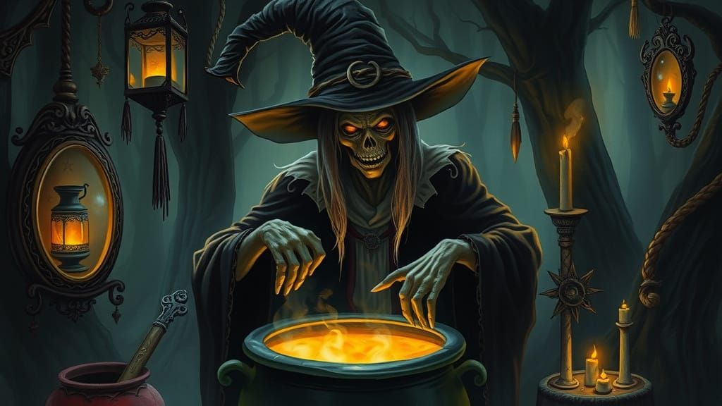 Whimsical Witch Brewing Potion in Mystical Forest