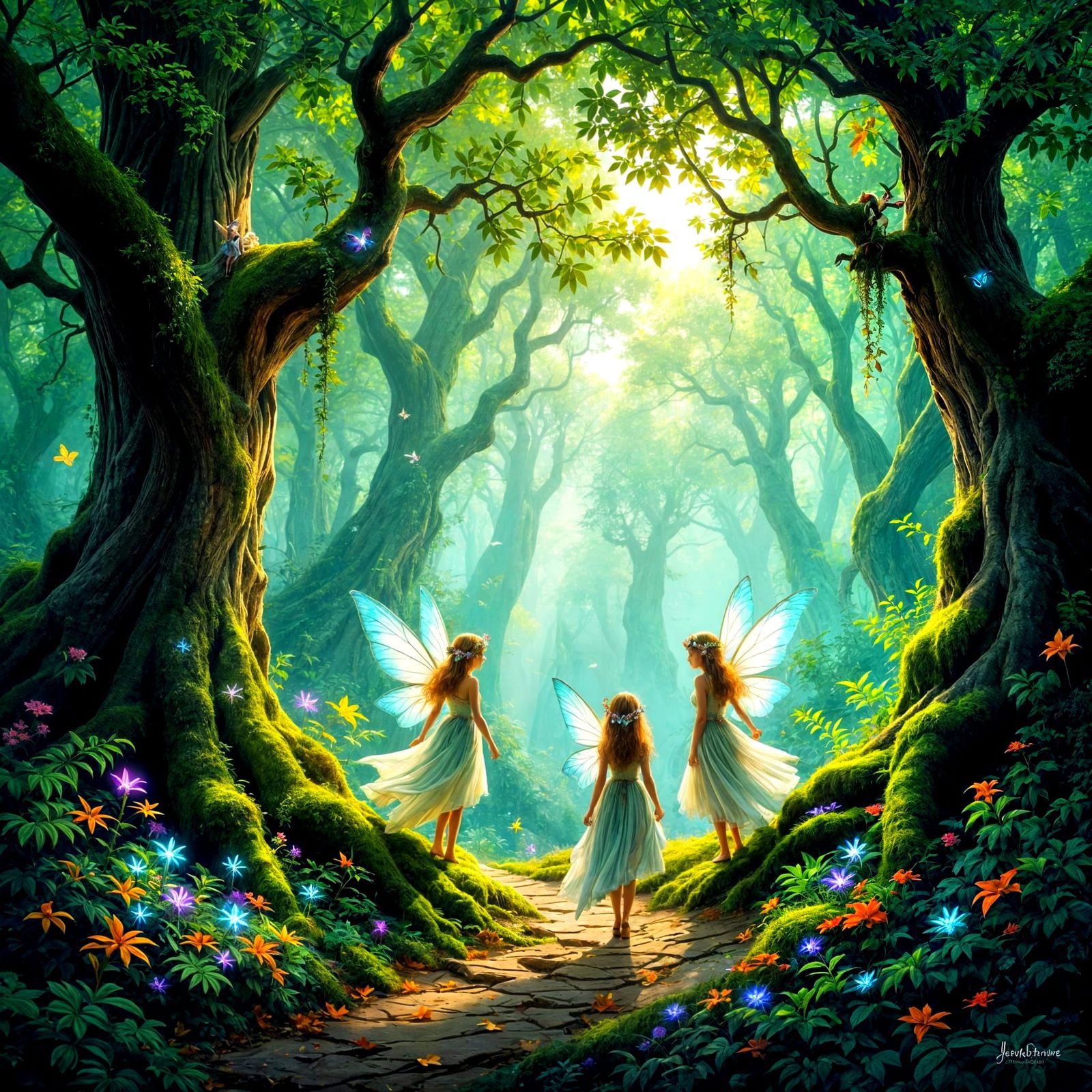 Fairies Traveling Through Enchanted Forest