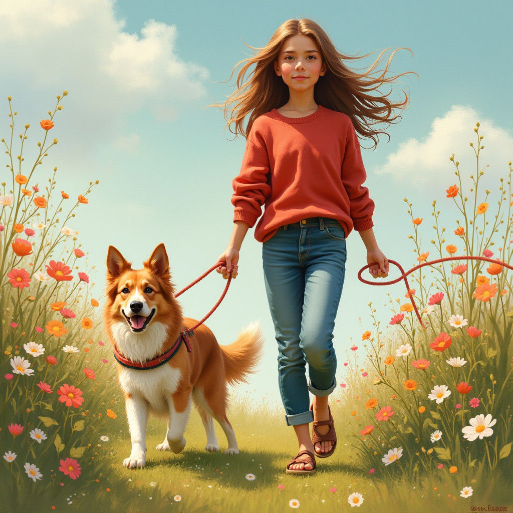 A Plump Girl with Shoulder-Length Brown Locks and Jeans in a...