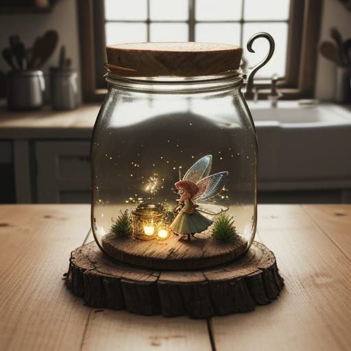 Tiny Fairy in Jar with Fireflies on Table