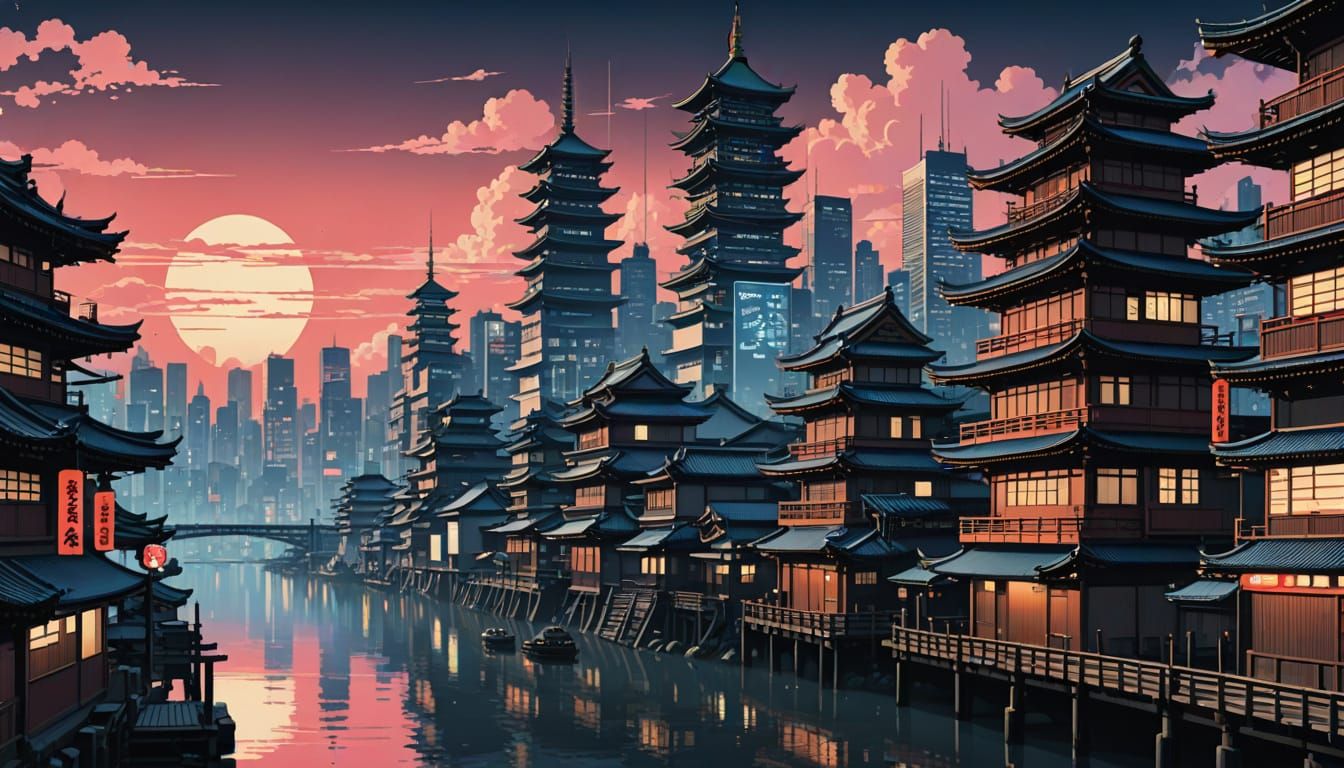 Cyberpunk Cityscape in Ukiyo-e Style