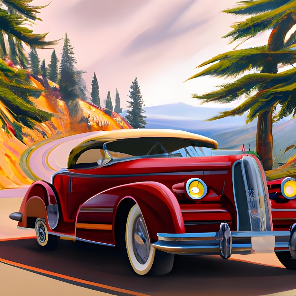 Red Car on Road in Art Deco Style