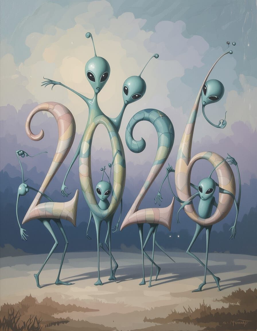 Surrealist 2026 Numerals with Dancing Aliens