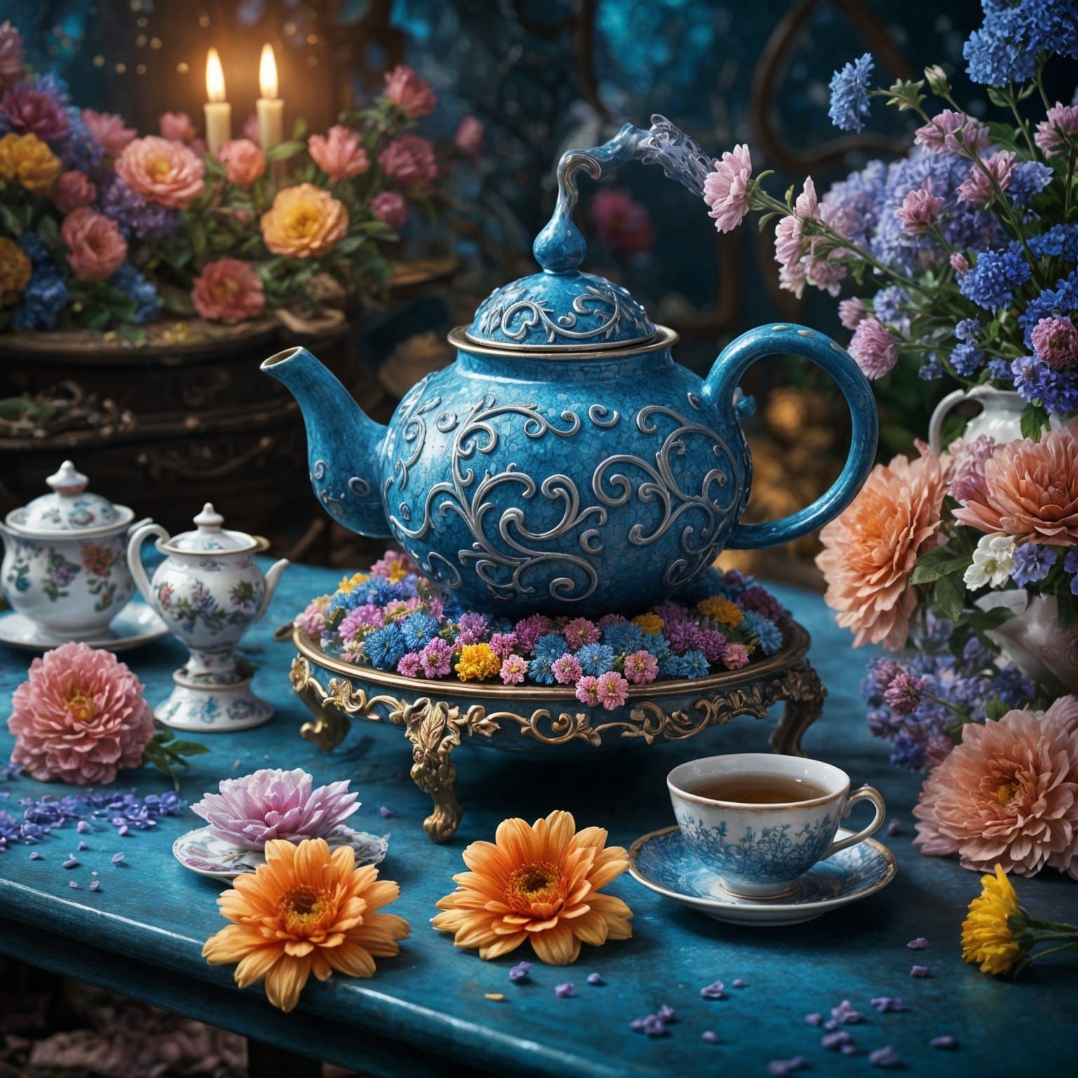 Magical Teapot with Flowers in 3D Render