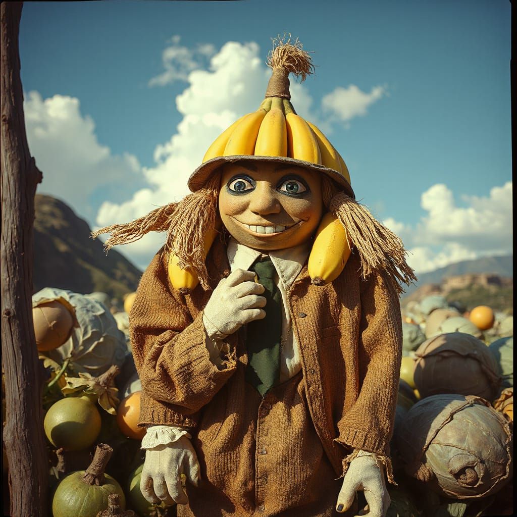 Surreal Scarecrow with Banana Accessories in Gritty Style