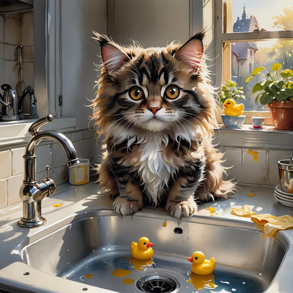 Chibi Main Coon and Rubber Duck in Watercolor