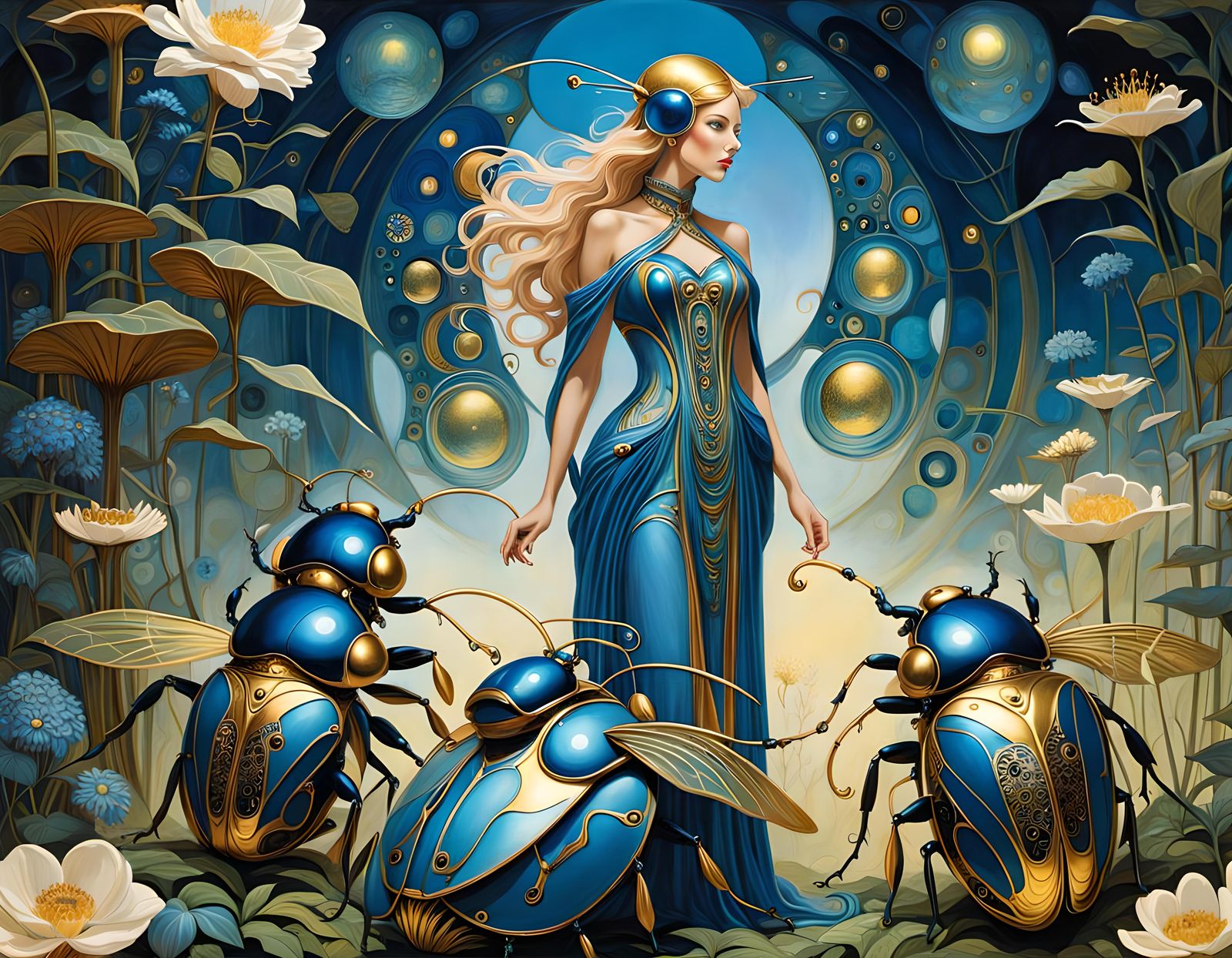 Fairy Lady in Surreal Garden with Beetles