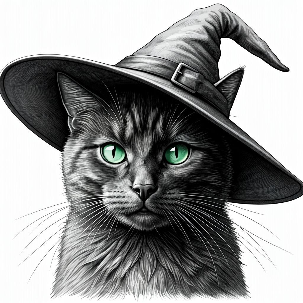 Mystical Black Cat in Witch Hat: Pencil Art