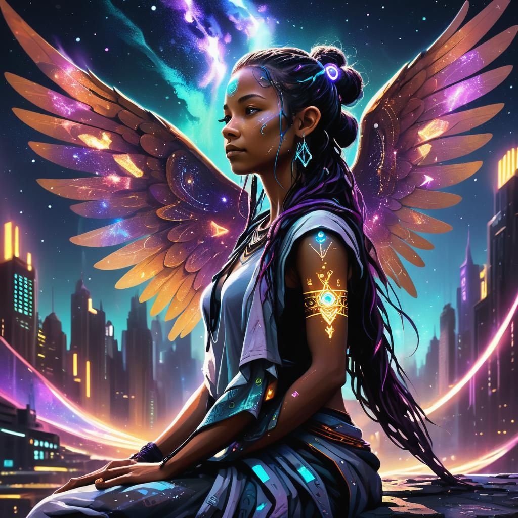 Mystical Yogi in Dystopian Cyberpunk Cityscape