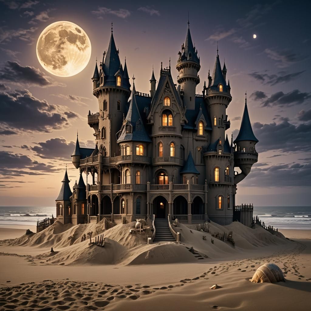 Eerie Sand Castle at Dusk in Gothic Style
