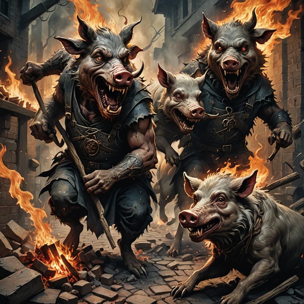 Evil Pigs Attack Wolf in Dark Fantasy Illustration