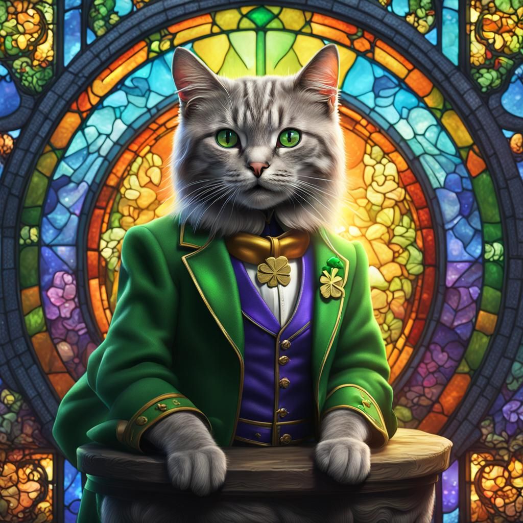 St. Patrick's Cat in Stained Glass Style