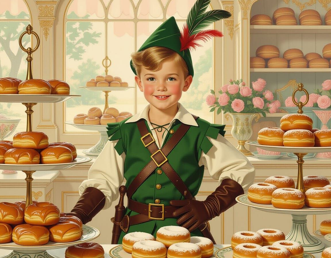 Robin Hood Boy in an Ornate Bakery Illustration