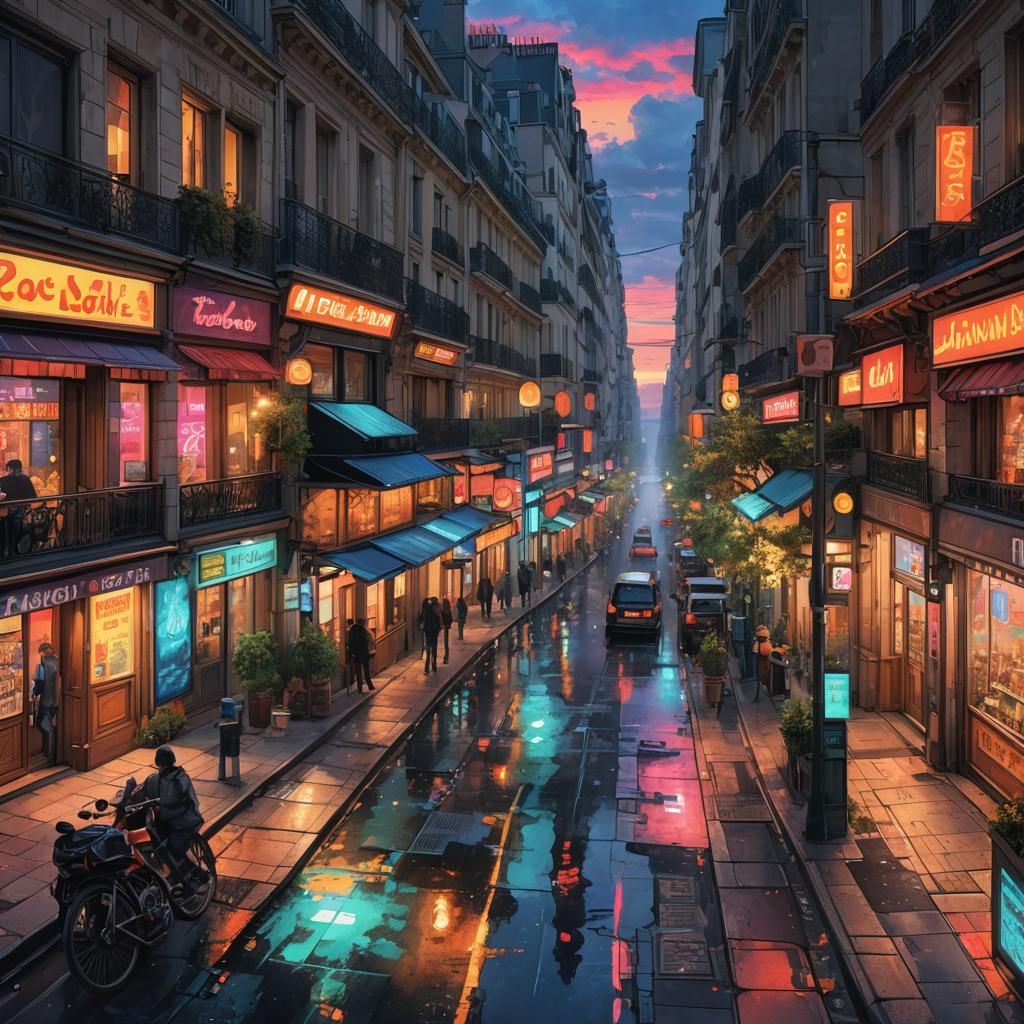Paris at Dawn: Neon Lights in Watercolor Style