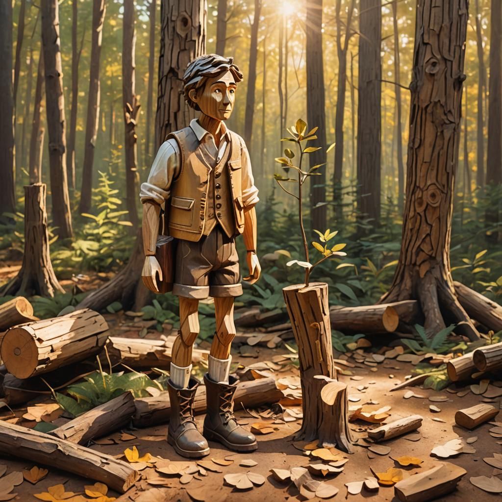 Whimsical Wooden Figure in Forest Folk Art