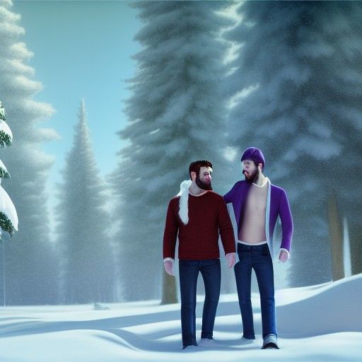 Gay Couple in Snow, Hyper-Realistic CGI Art