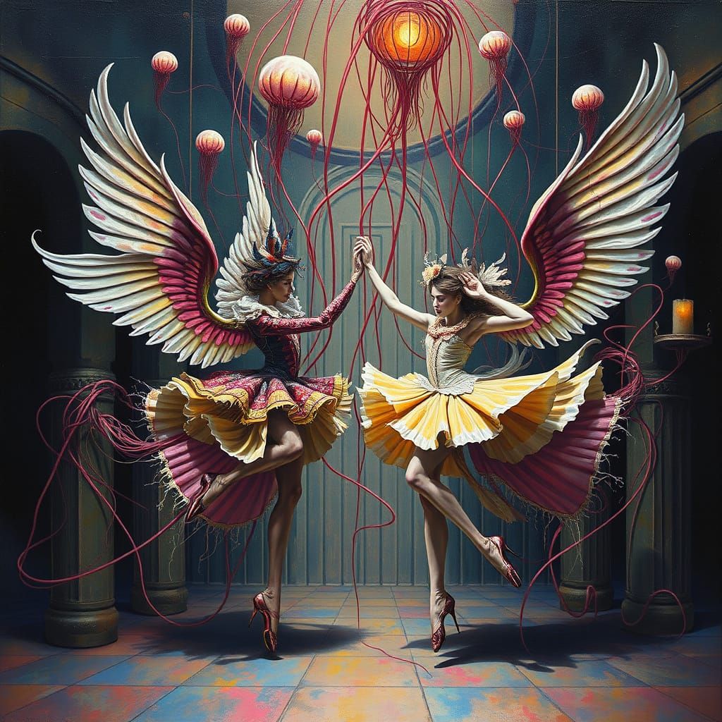 Surreal Dancers in a Bosch-Inspired Oil Painting