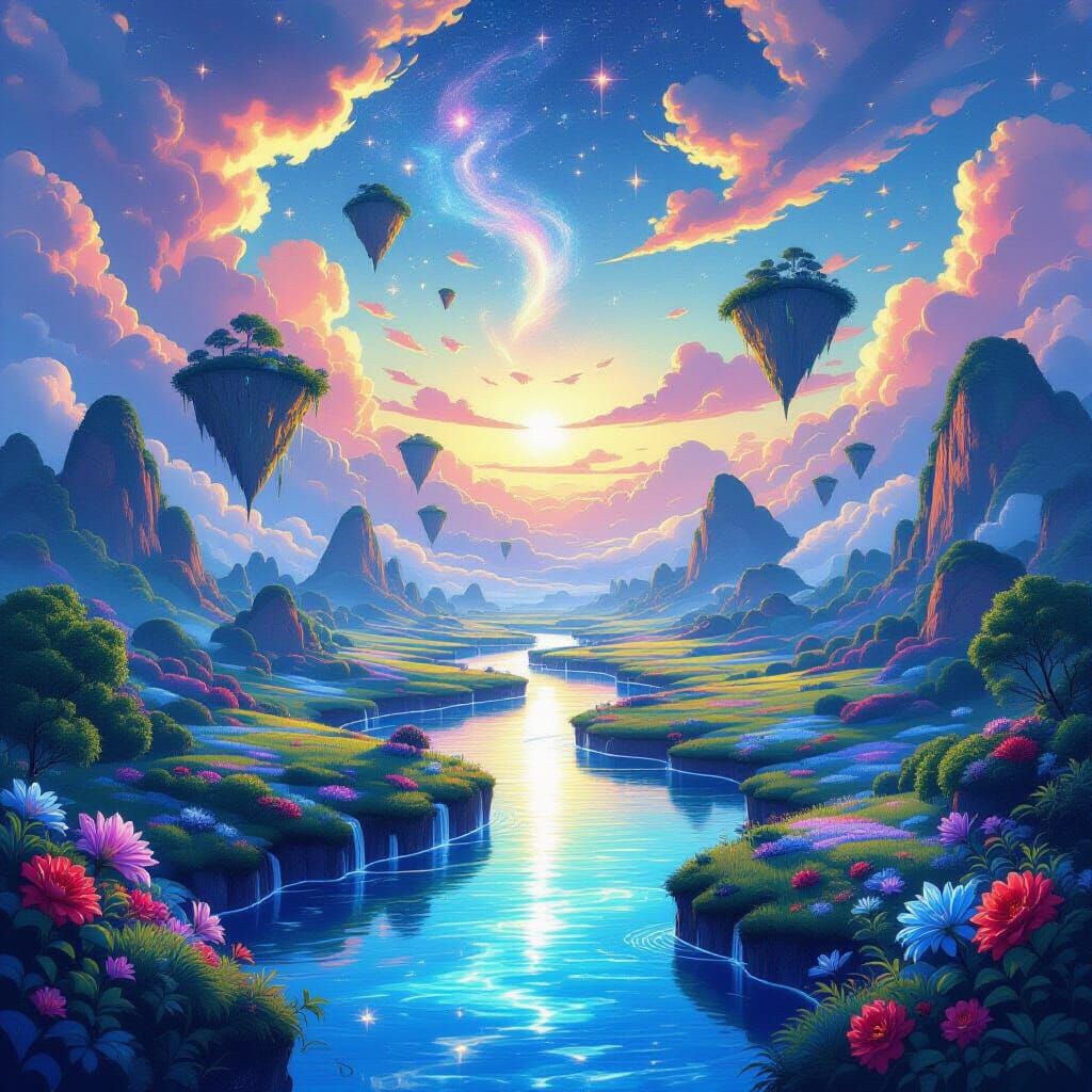 Ethereal Bioluminescent Landscape with Floating Islands