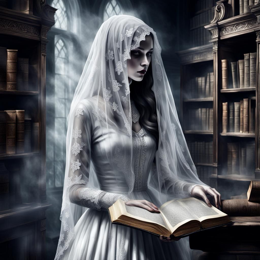 Haunted Library with Ghostly Lady in Veil