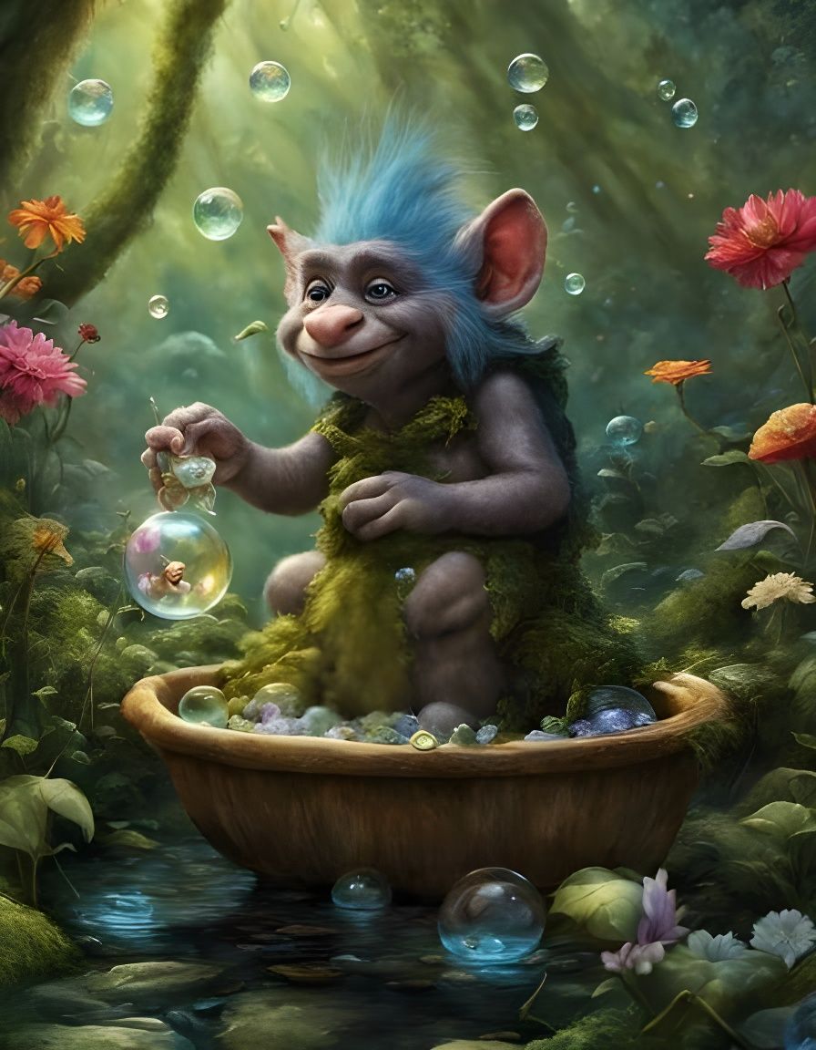 Troll having fun with soap bubbles