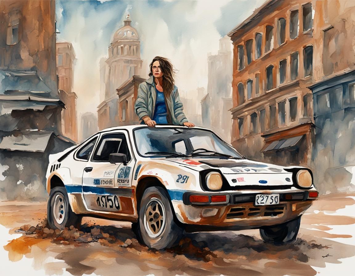 Woman and Ford RS2000 in Post-Apocalyptic Gouache Style