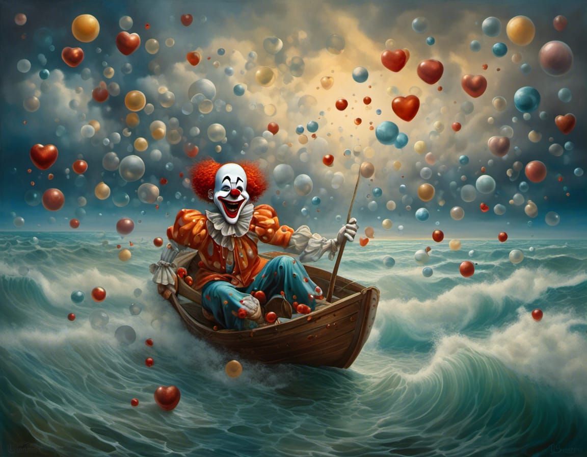 Clown Emerges from Stormy Sea: Surreal Oil Painting