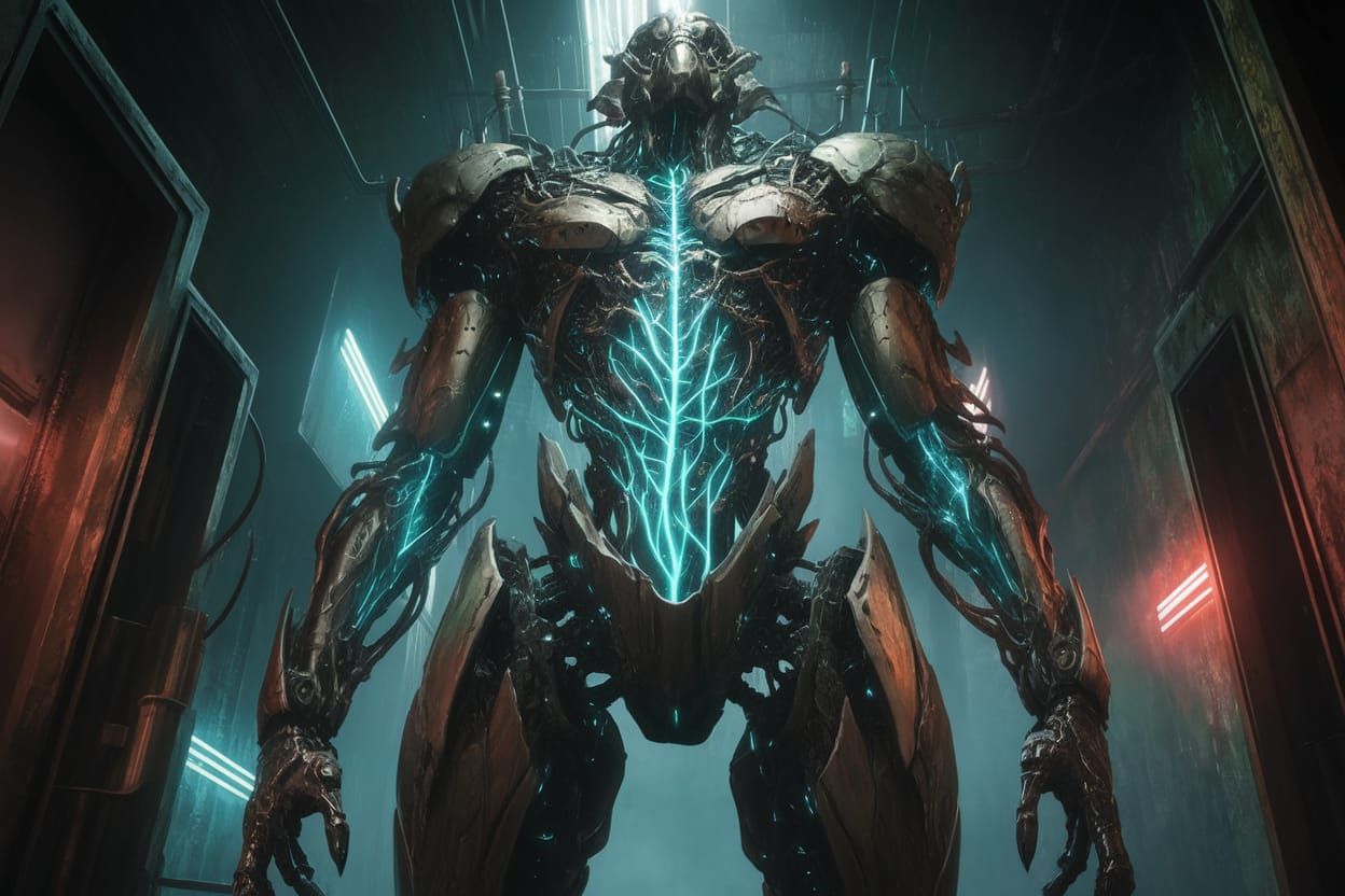 Biomechanical Horror Looms in Dark Industrial Landscape