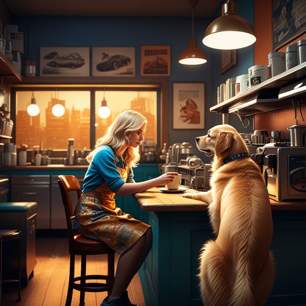 Golden Retriever Barista in Retro-Style Café
