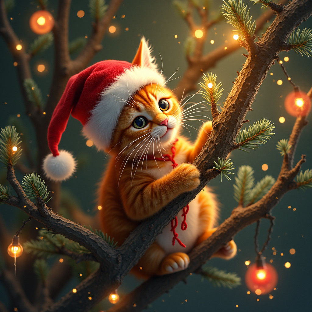 Ginger Cat in Christmas Tree: Fantasy Concept Art