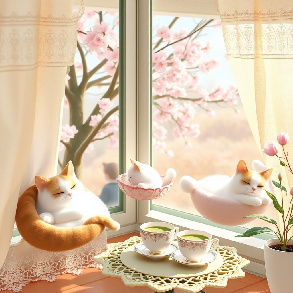Whimsical Cat Café in Soft Pastel Hues