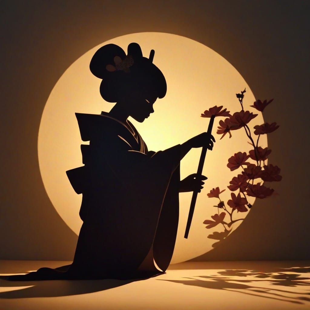 Japanese Geisha Shadow Puppet Show in Whimsical Style