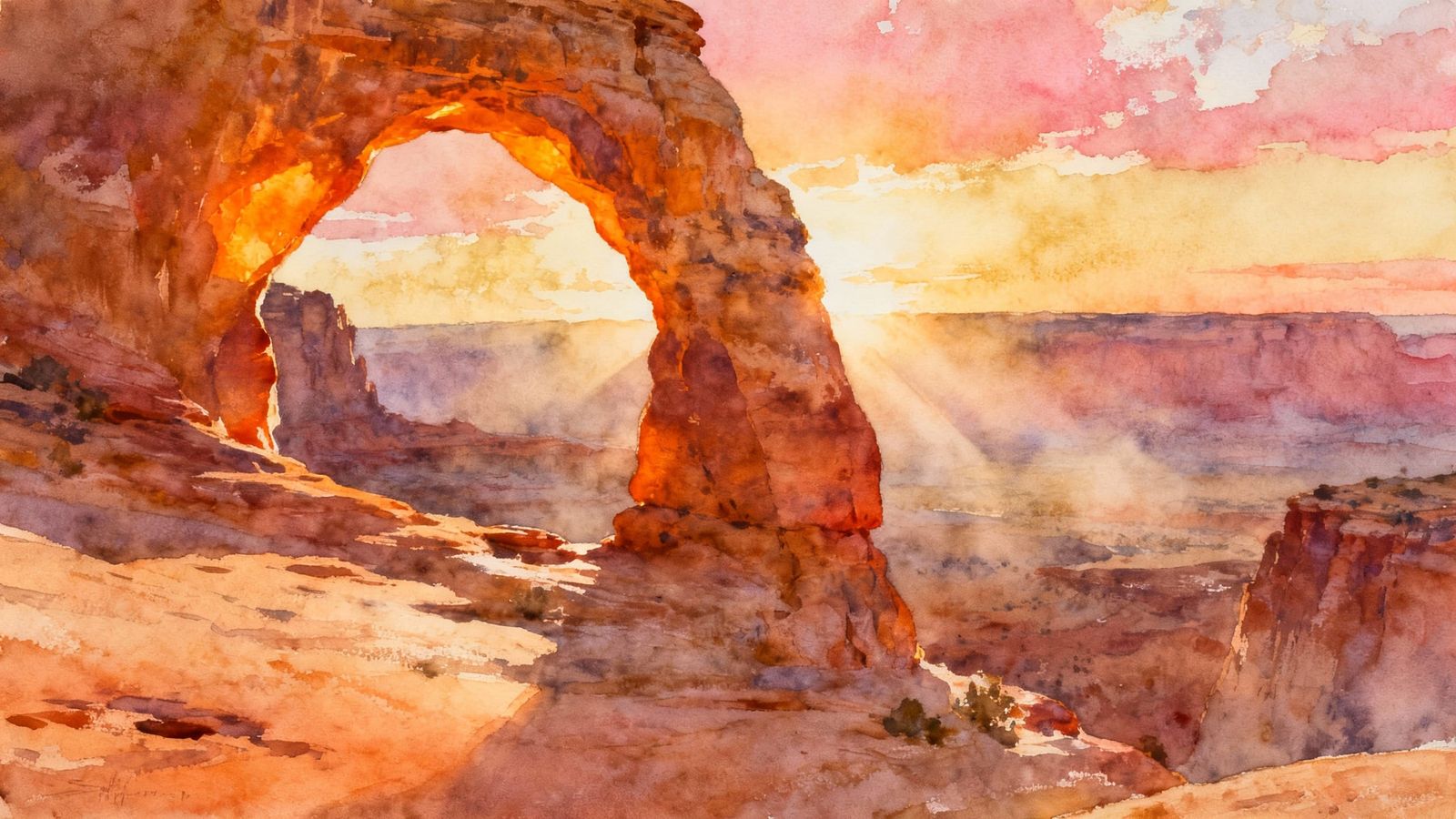 Glowing Desert Arch at Sunrise in Expressive Watercolour Sty...