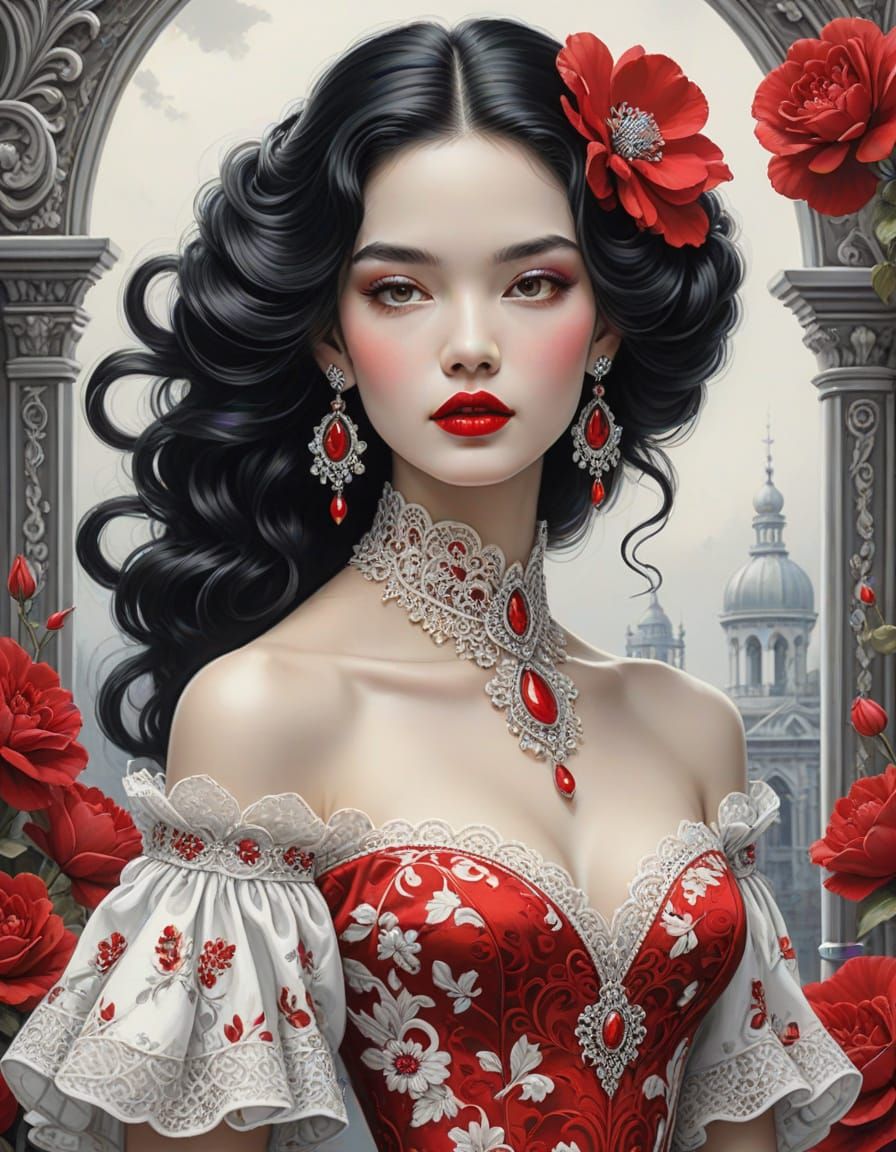 Fashion Painting of Woman in Ornate Red Dress
